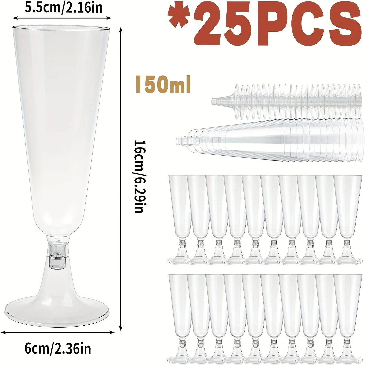 25pcs 150ml Plastic Champagne Flutes Disposable Sparkling Champagne Cups Clear Toasting Glasses For Weddings Cocktail Event FWZ